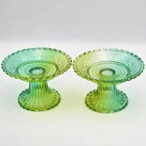 Vintage Uranium Glass Pedestal Dishes - Set of 2 Green Depression Glass 5”